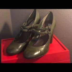 Olive green chunky Mary Jane style heels